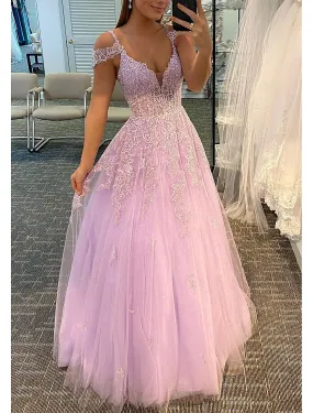 A-Line Prom Dresses Dress For Formal Dresses Gowns Evening Dresses Wedding Guest Floor Length Sleeveless V Neck Tulle Backless with Pleats Appliques