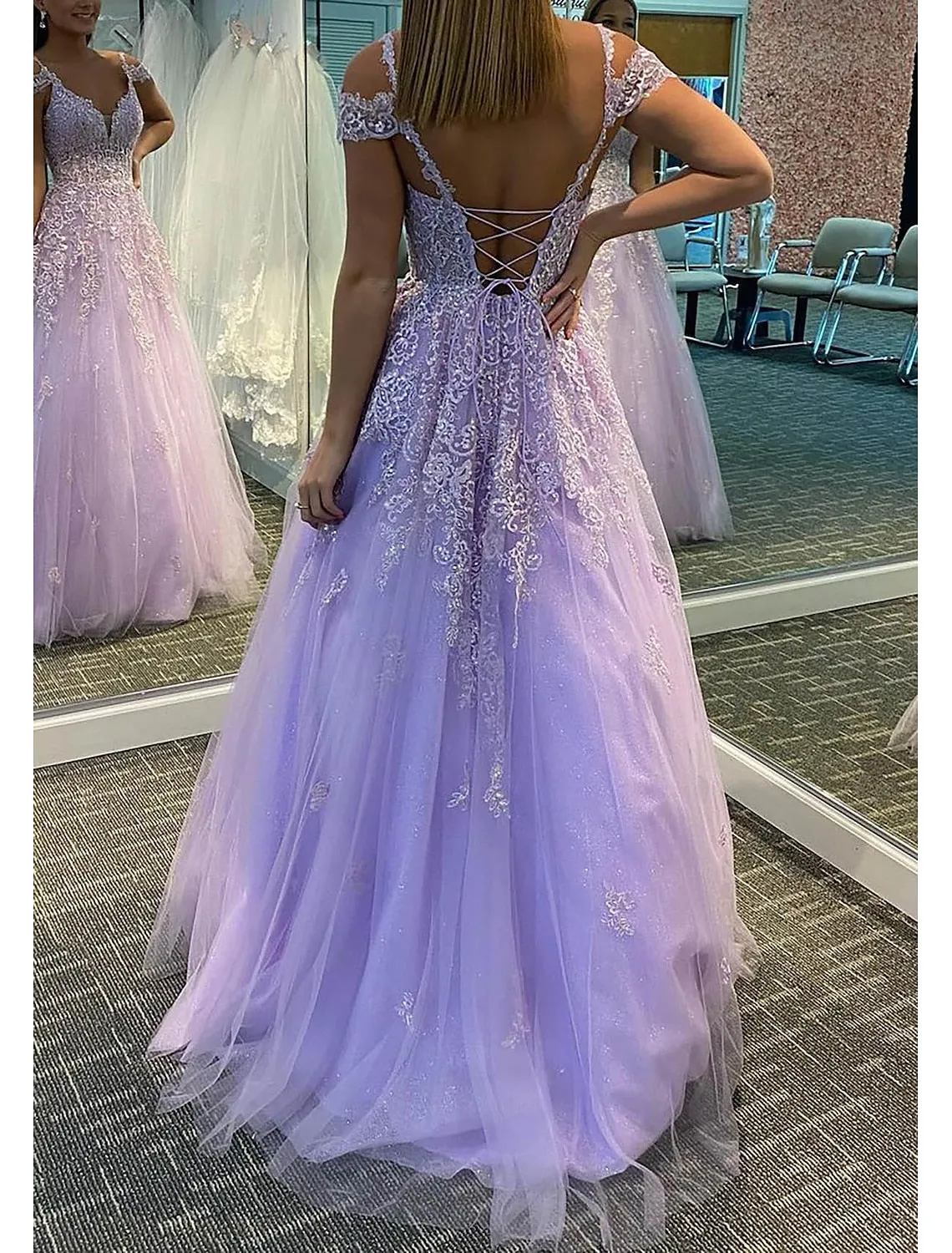 A-Line Prom Dresses Dress For Formal Dresses Gowns Evening Dresses Wedding Guest Floor Length Sleeveless V Neck Tulle Backless with Pleats Appliques