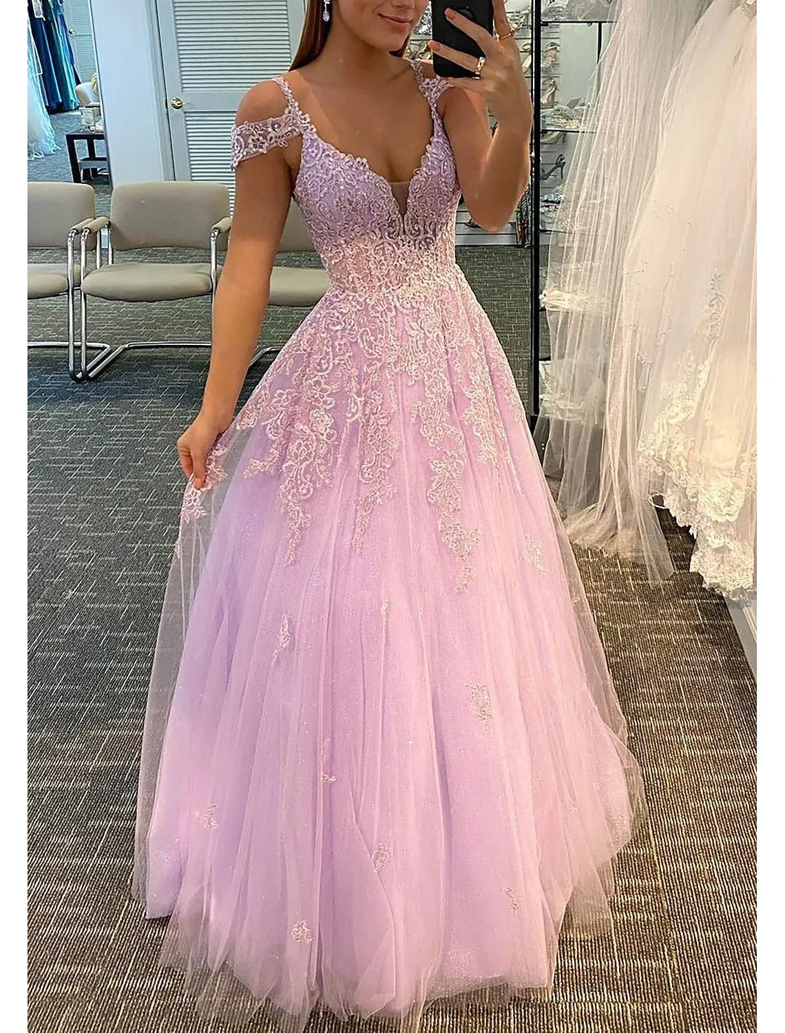 A-Line Prom Dresses Dress For Formal Dresses Gowns Evening Dresses Wedding Guest Floor Length Sleeveless V Neck Tulle Backless with Pleats Appliques