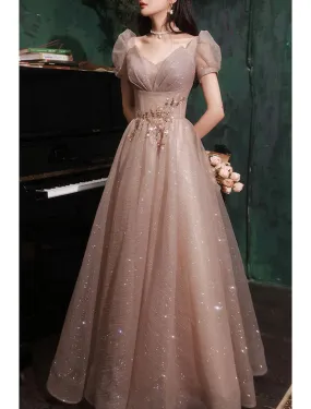 A-Line Prom Dresses Gowns Evening Dresses Valentine's Day Wedding Guest Floor Length Short Sleeve V Neck Tulle with Sequin