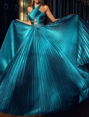 A-Line Prom Dresses Sparkle & Shine Dress Formal Evening Birthday Sweep / Brush Train Sleeveless Halter Neck Charmeuse with Pleats