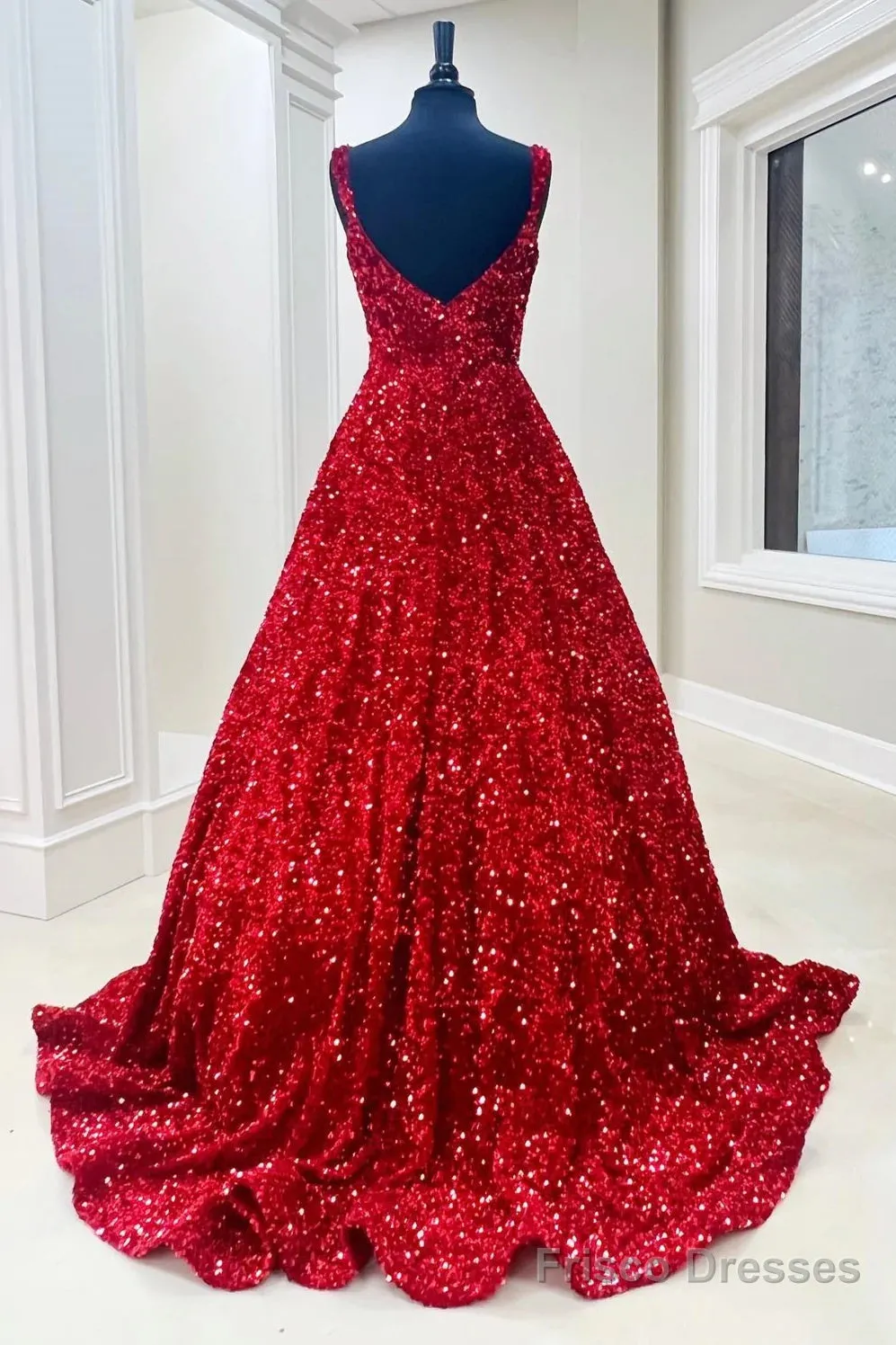 A-Line Red Sequin Quince Dresses Square Neck Backless Long Prom Dresses