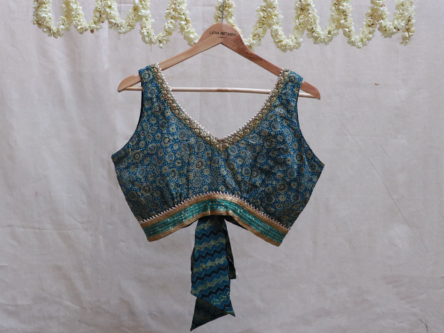 Aegean Blue, cotton Ajrakh, Hand embroidery blouse