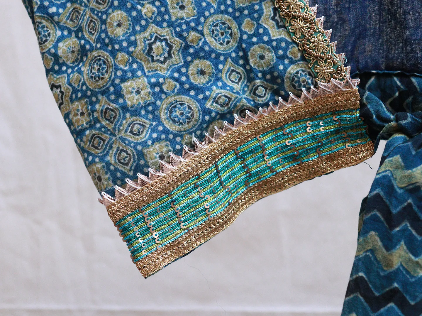 Aegean Blue, cotton Ajrakh, Hand embroidery blouse