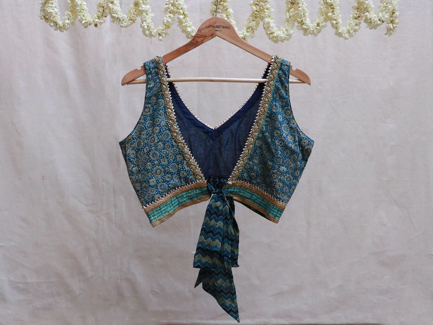 Aegean Blue, cotton Ajrakh, Hand embroidery blouse