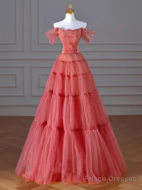 Aline Off Shoulder Long Prom Dresses, Red Formal Graduation Dress With Beading Sequin