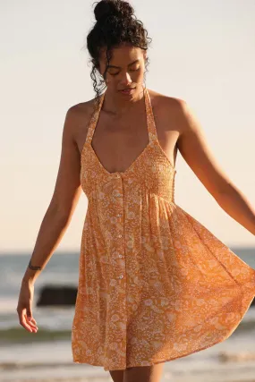 Amber Petals Smocked Floral Halter Mini Dress