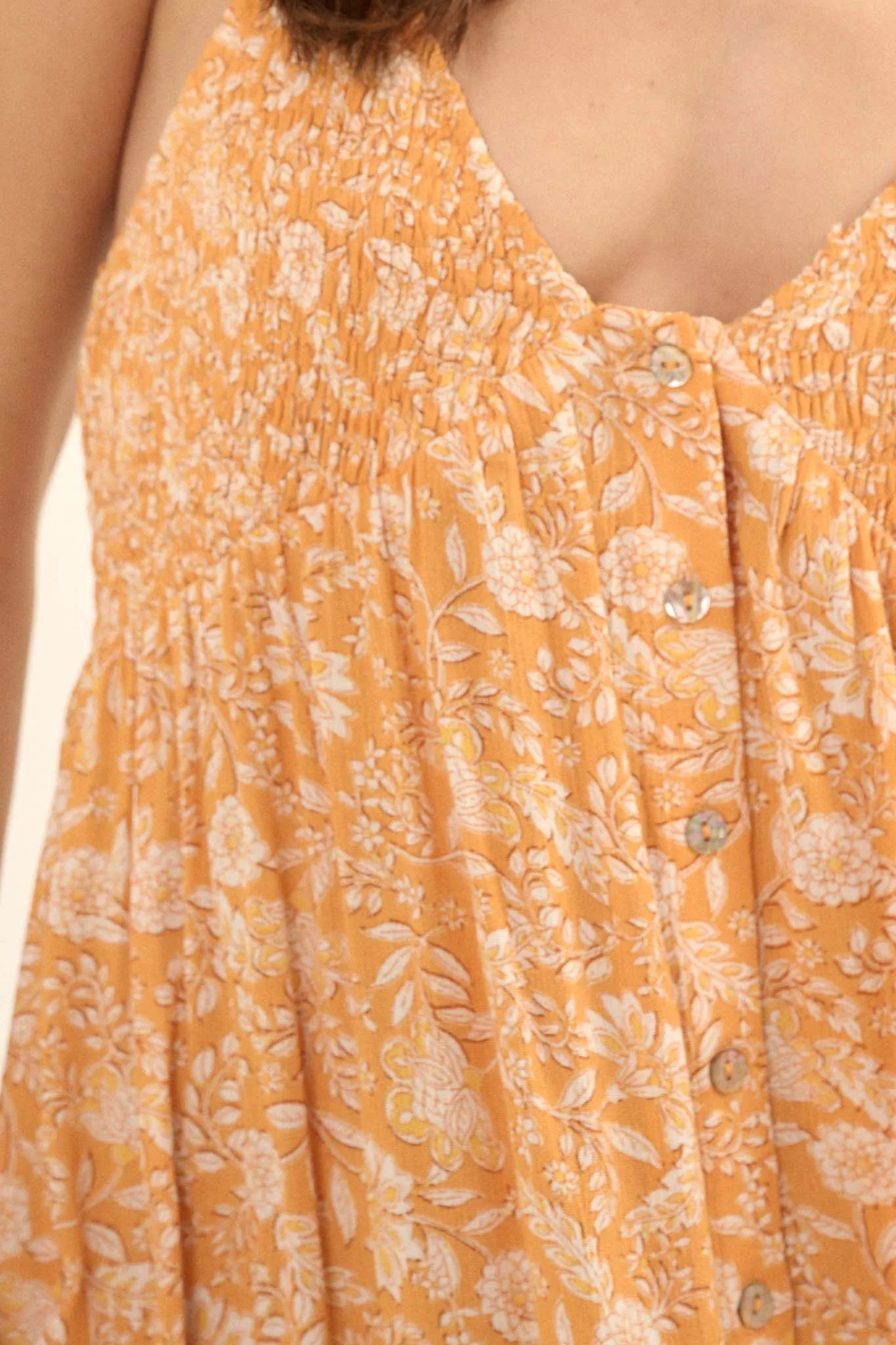 Amber Petals Smocked Floral Halter Mini Dress