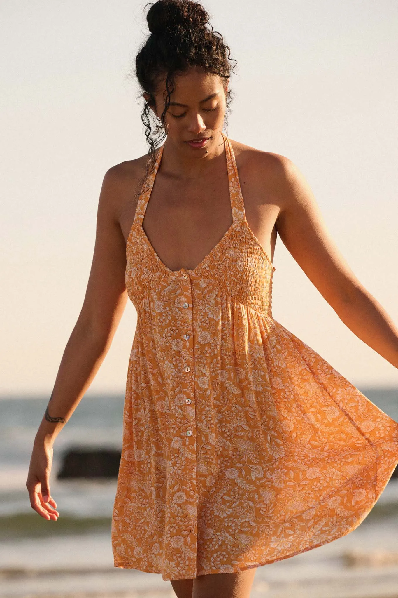 Amber Petals Smocked Floral Halter Mini Dress