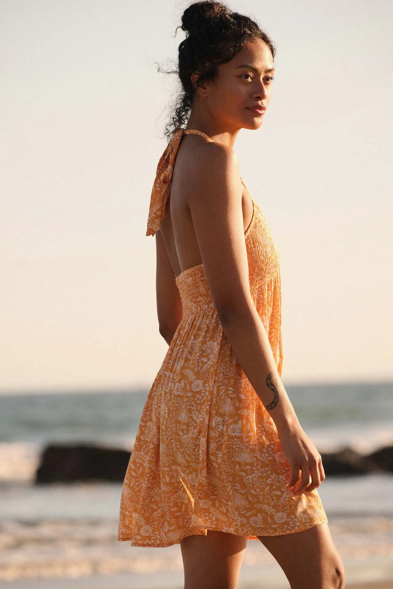 Amber Petals Smocked Floral Halter Mini Dress