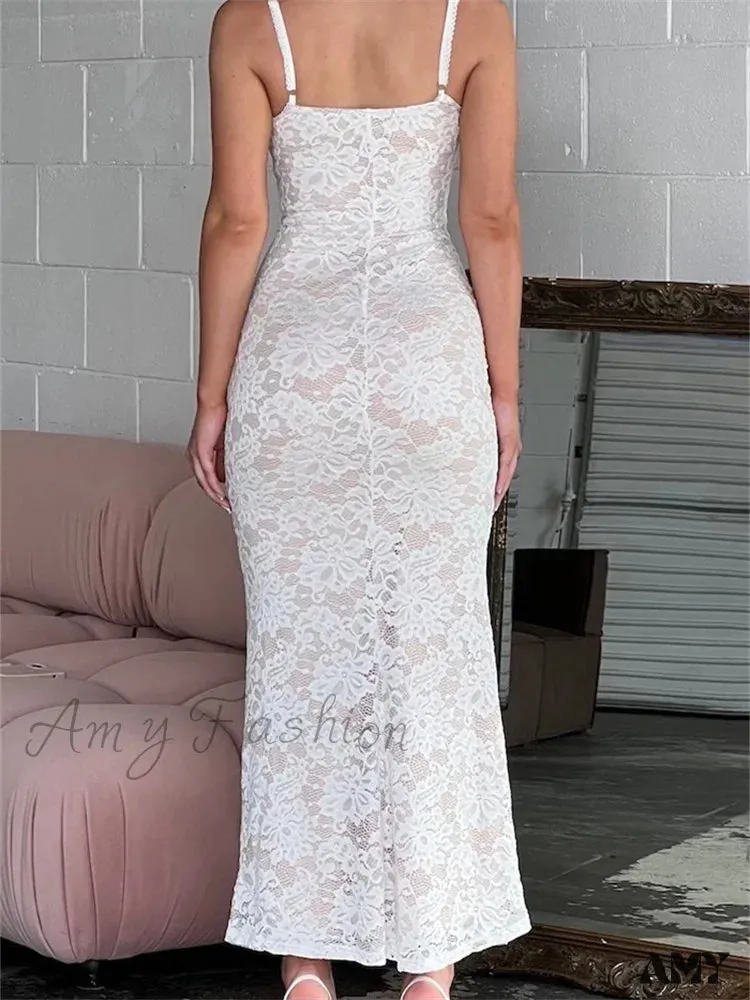 Amy Fashion - Women Summer V-neck  Evening Lace Floral Slim Fit Sleeveless Spaghetti Strap Party Female Vestidos