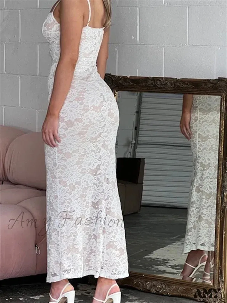 Amy Fashion - Women Summer V-neck  Evening Lace Floral Slim Fit Sleeveless Spaghetti Strap Party Female Vestidos