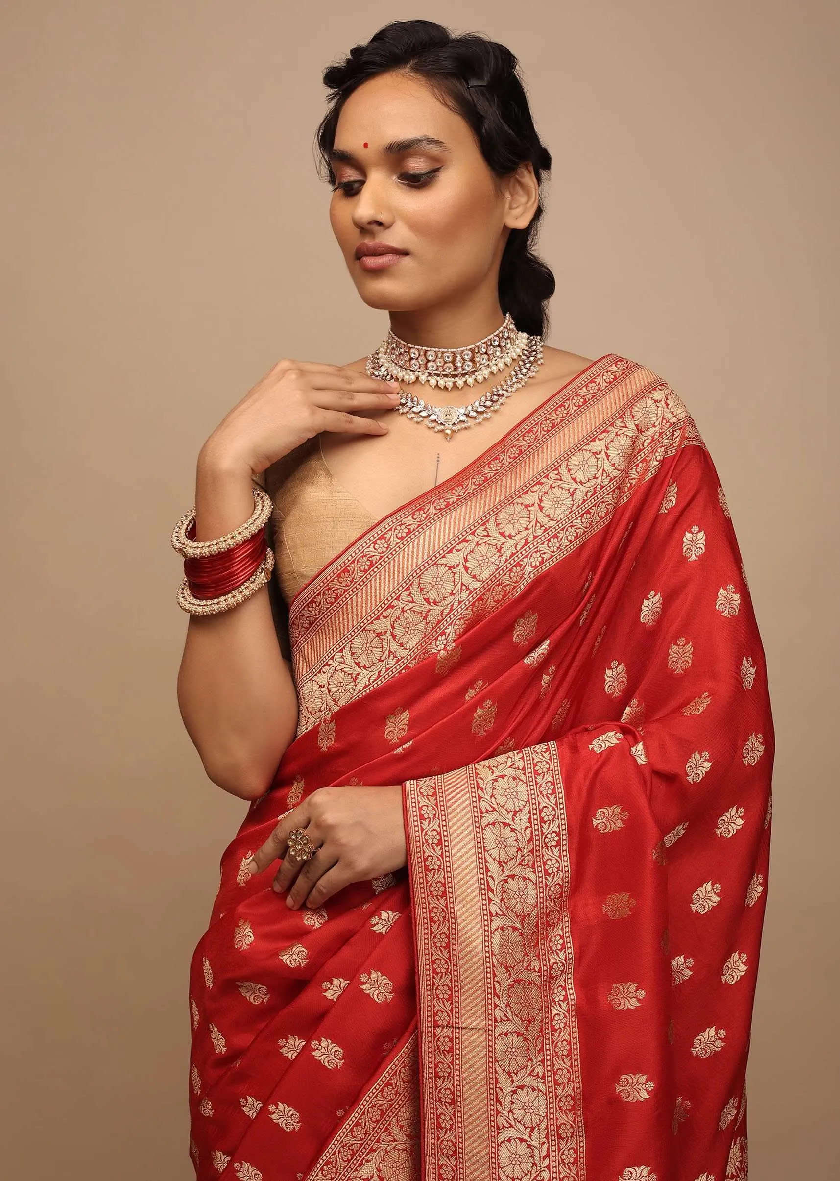 Apple Red Saree In Dola Silk With Woven Buttis And Floral Weave On The Pallu
