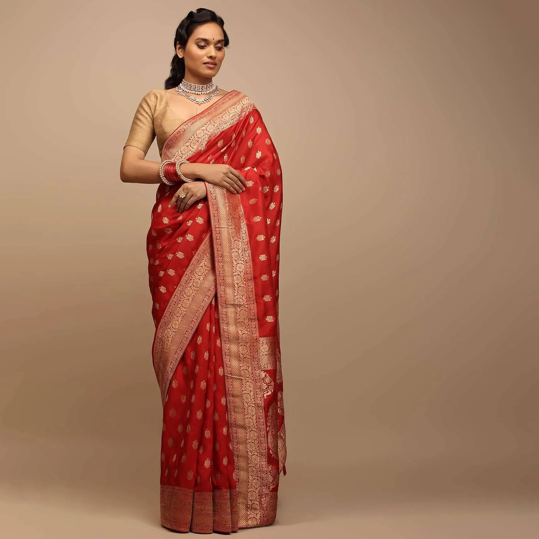 Apple Red Saree In Dola Silk With Woven Buttis And Floral Weave On The Pallu