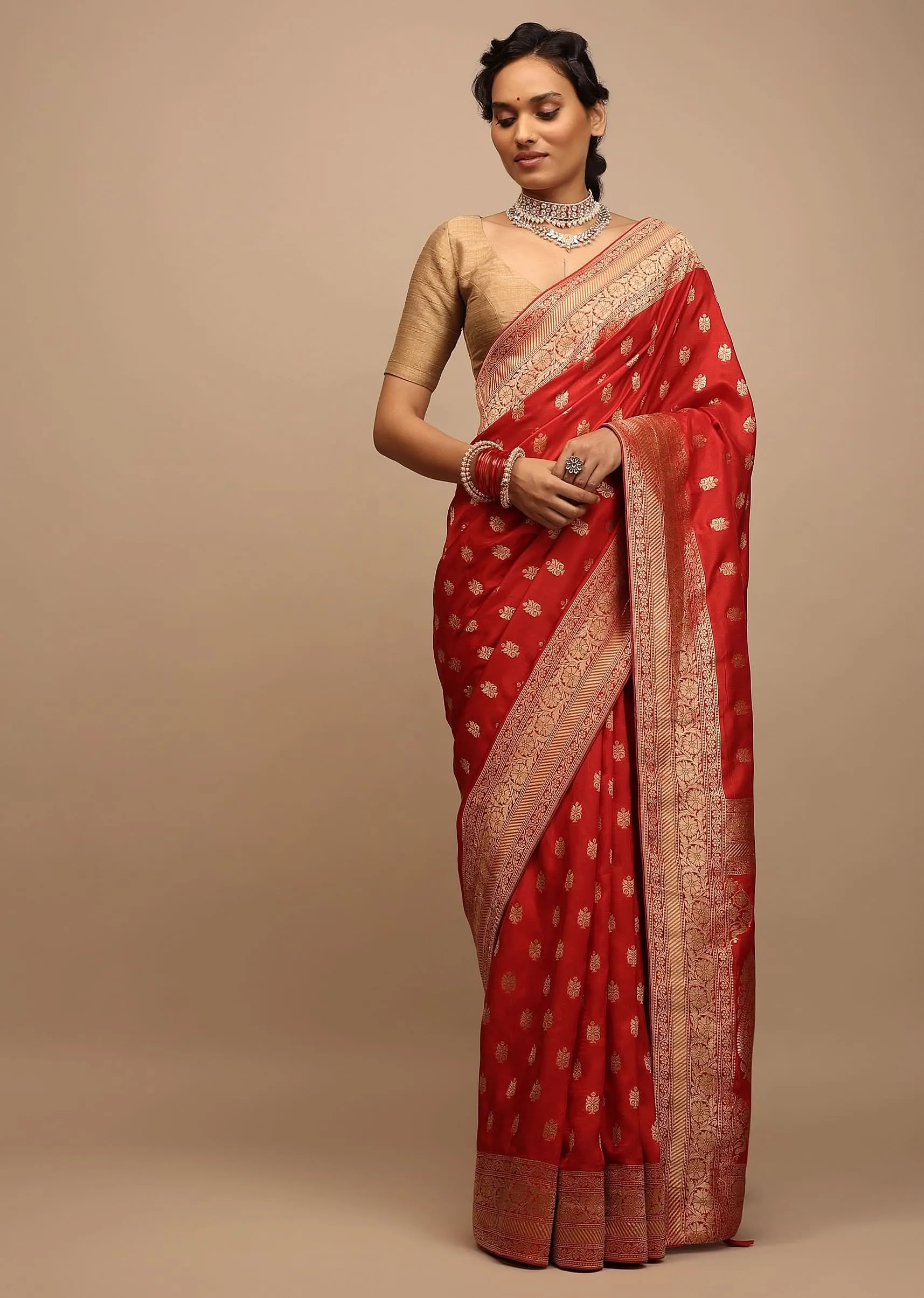 Apple Red Saree In Dola Silk With Woven Buttis And Floral Weave On The Pallu