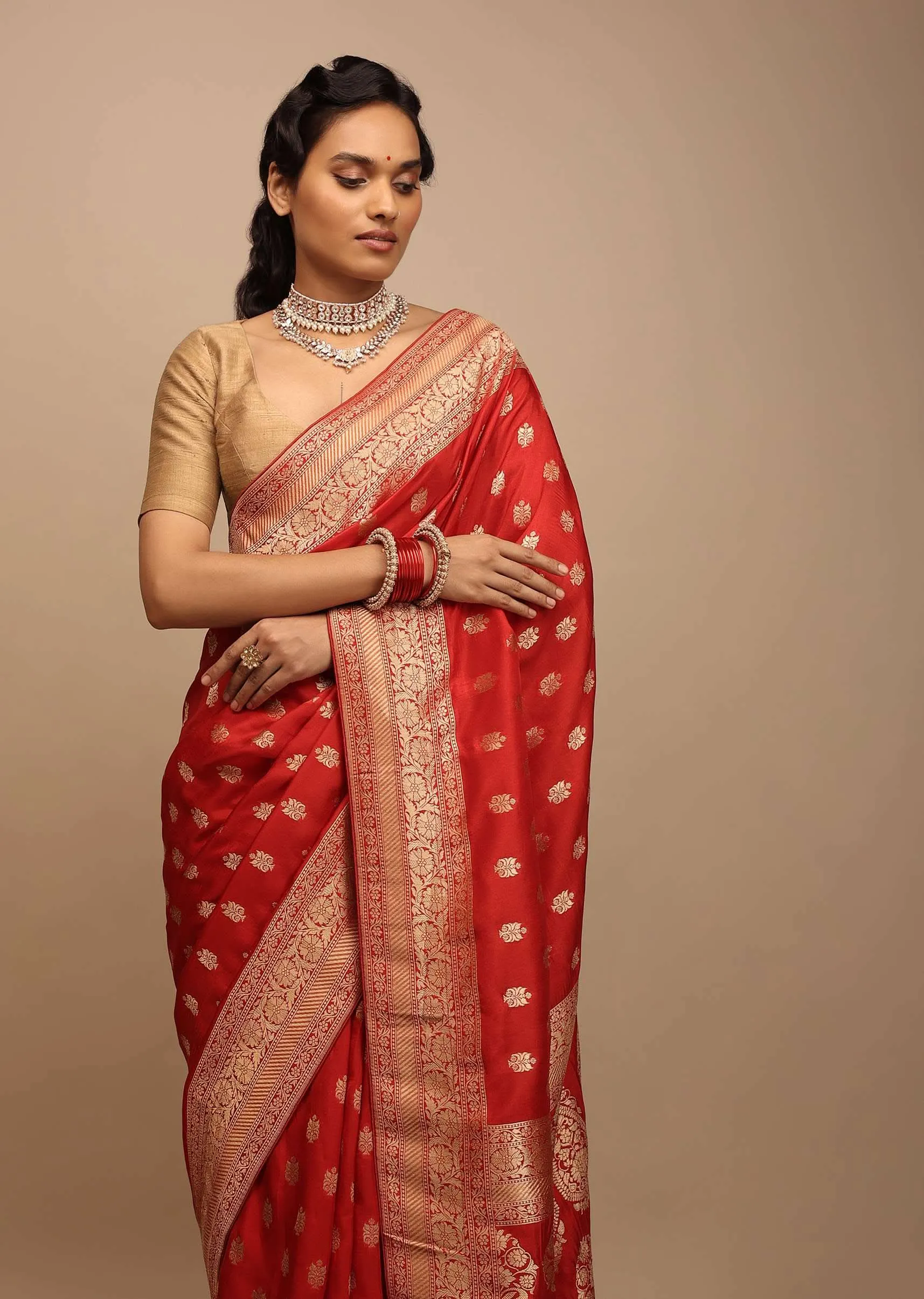 Apple Red Saree In Dola Silk With Woven Buttis And Floral Weave On The Pallu