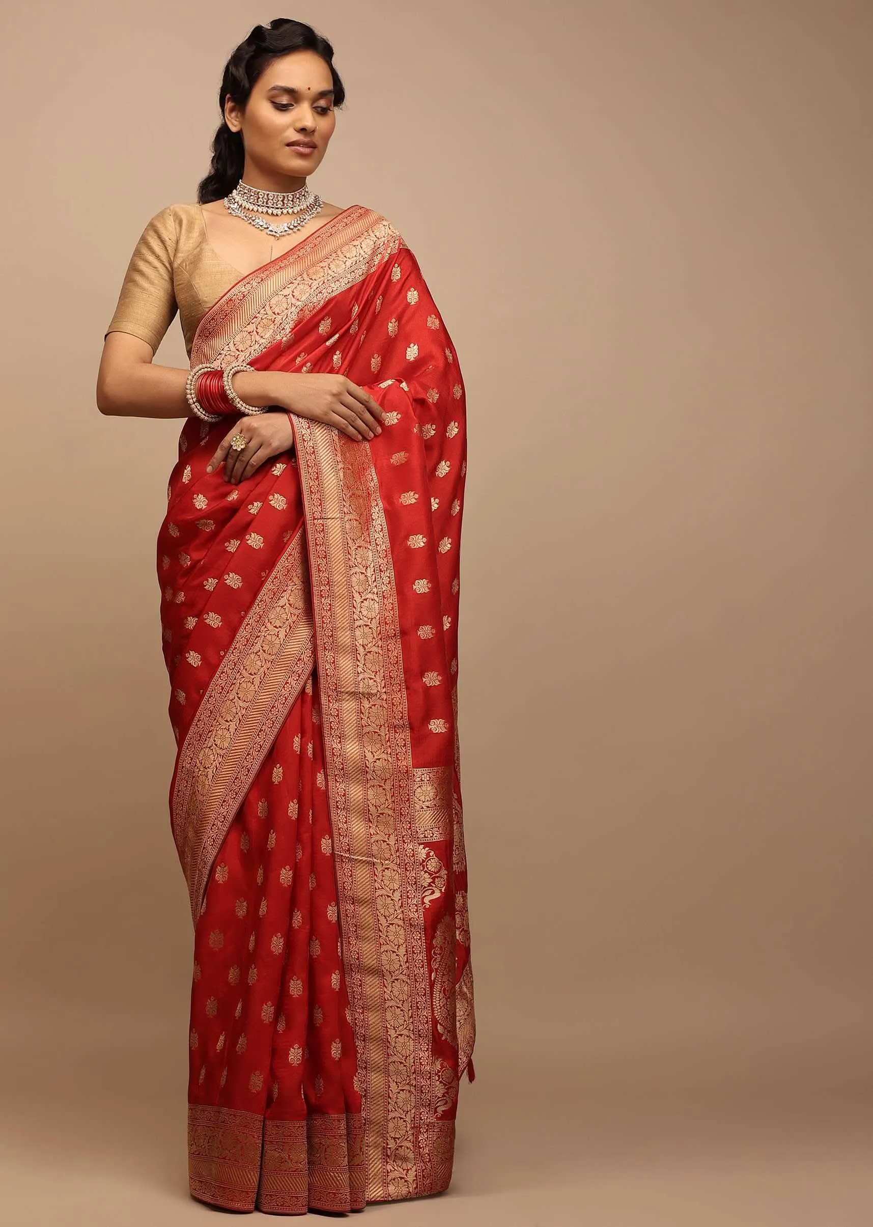 Apple Red Saree In Dola Silk With Woven Buttis And Floral Weave On The Pallu