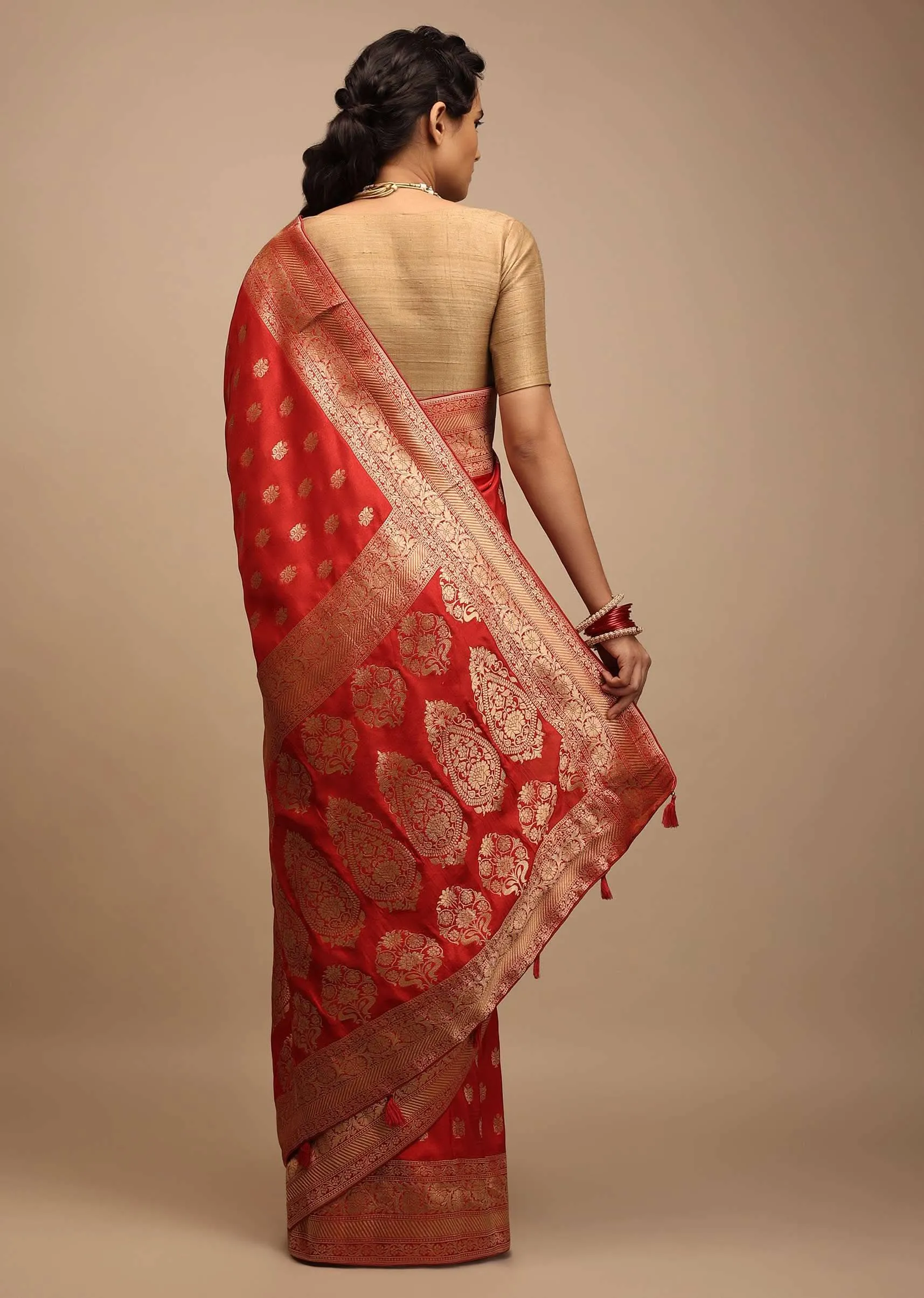 Apple Red Saree In Dola Silk With Woven Buttis And Floral Weave On The Pallu