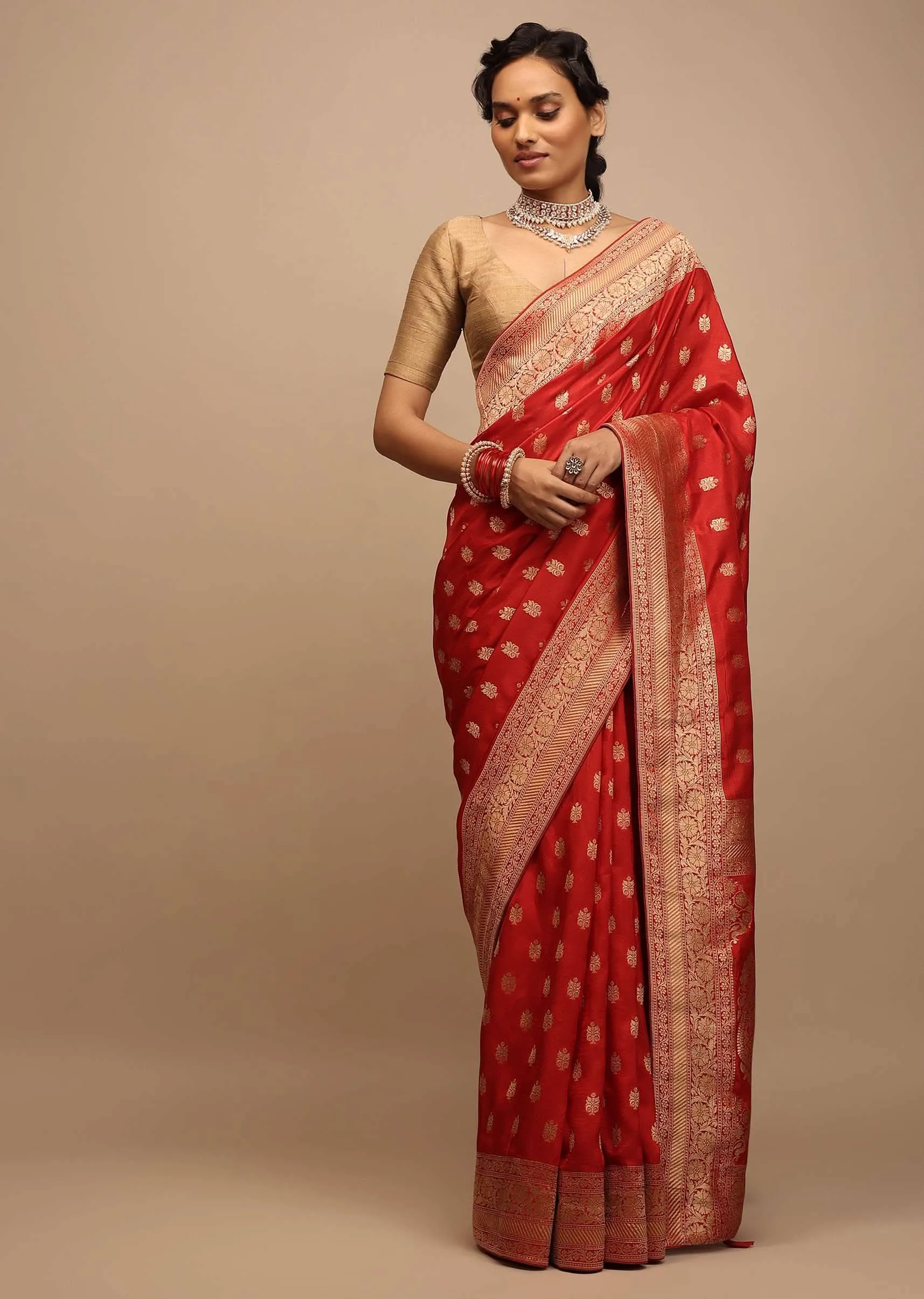 Apple Red Saree In Dola Silk With Woven Buttis And Floral Weave On The Pallu
