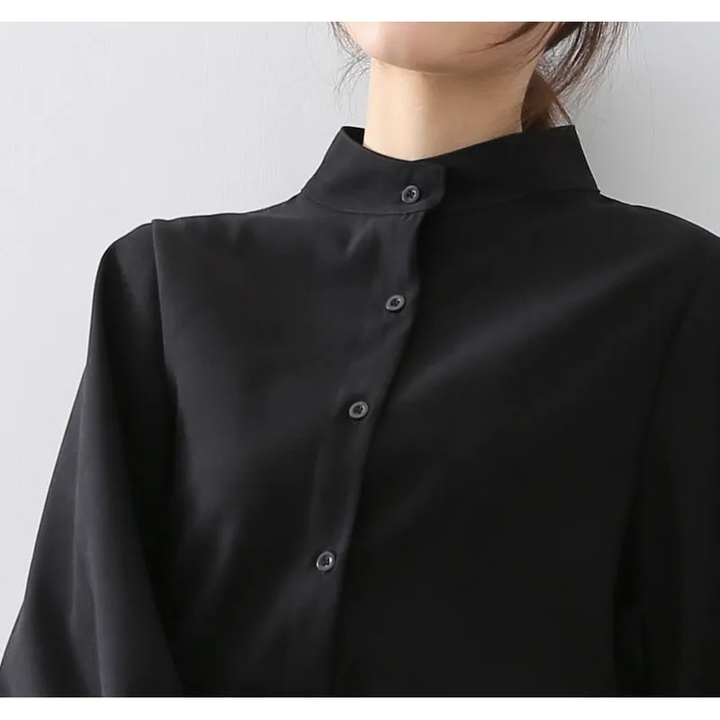 Big Lantern Sleeve Blouse Women Autumn Winter Single Breasted Stand Collar Shirts Office Work Blouse