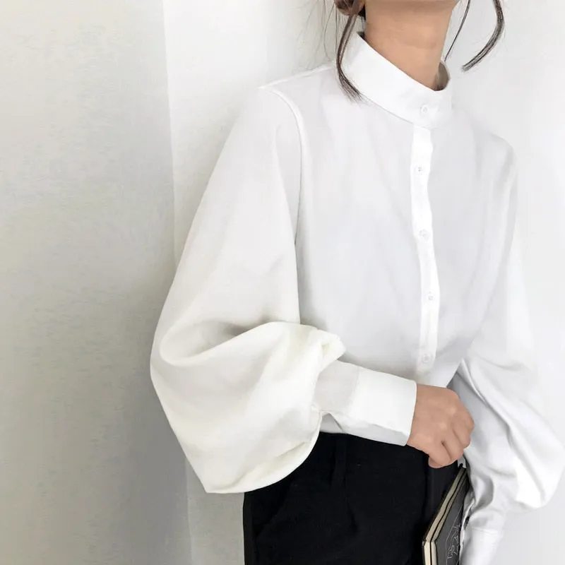 Big Lantern Sleeve Blouse Women Autumn Winter Single Breasted Stand Collar Shirts Office Work Blouse