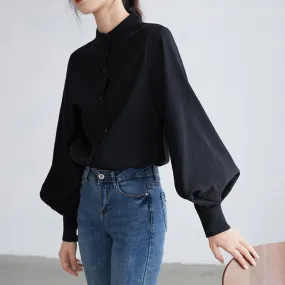 Big Lantern Sleeve Blouse Women Autumn Winter Single Breasted Stand Collar Shirts Office Work Blouse