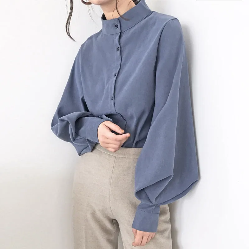 Big Lantern Sleeve Blouse Women Autumn Winter Single Breasted Stand Collar Shirts Office Work Blouse
