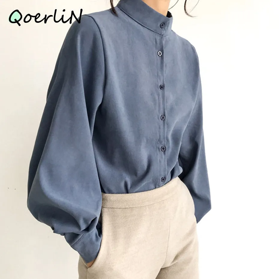 Big Lantern Sleeve Blouse Women Autumn Winter Single Breasted Stand Collar Shirts Office Work Blouse