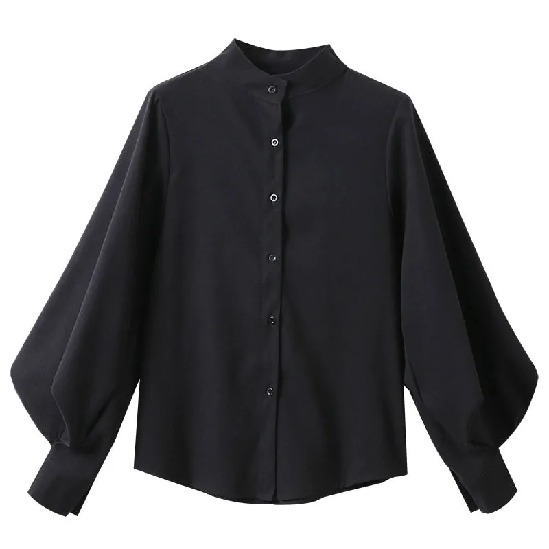 Big Lantern Sleeve Blouse Women Autumn Winter Single Breasted Stand Collar Shirts Office Work Blouse