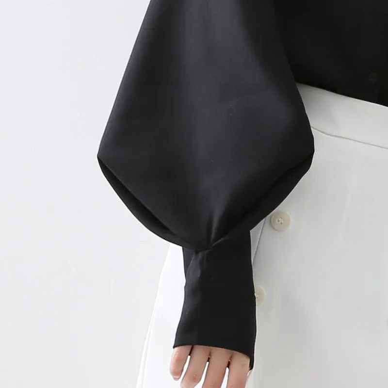 Big Lantern Sleeve Blouse Women Autumn Winter Single Breasted Stand Collar Shirts Office Work Blouse