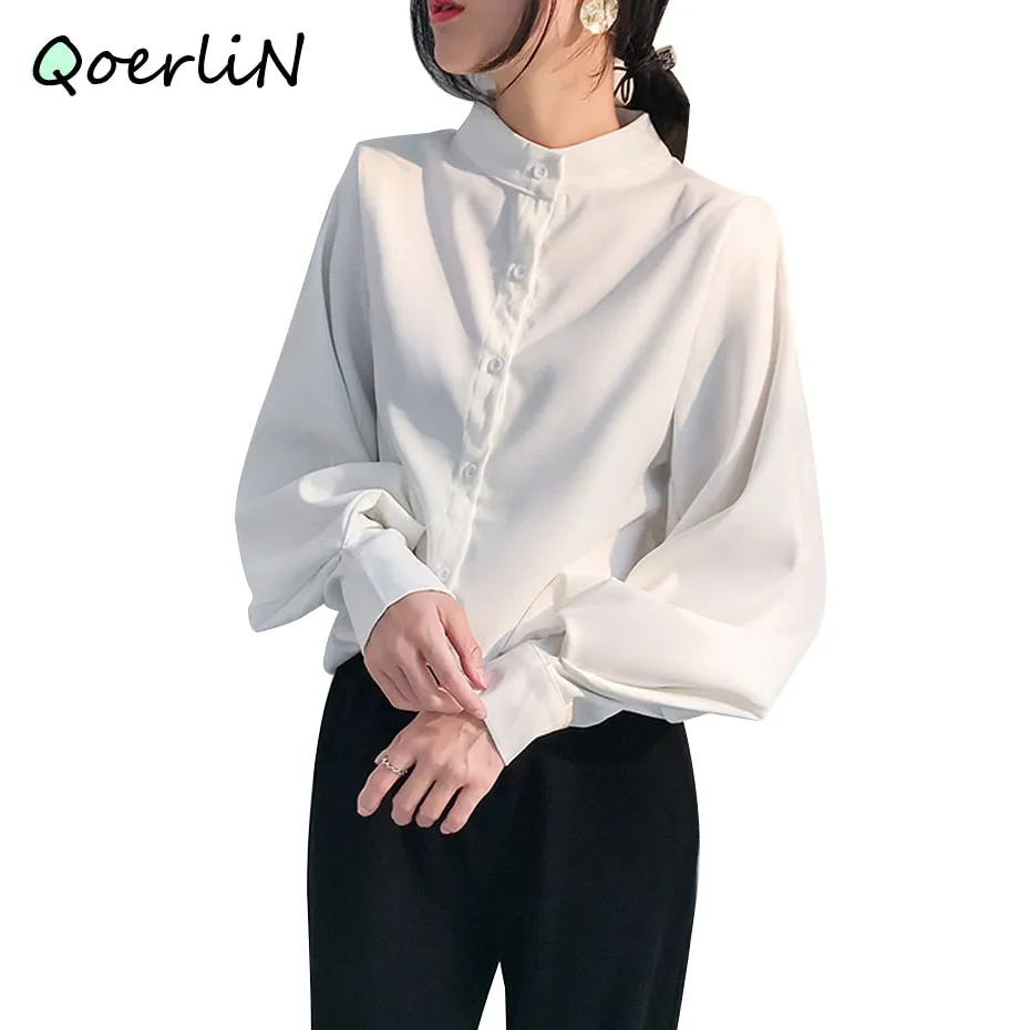 Big Lantern Sleeve Blouse Women Autumn Winter Single Breasted Stand Collar Shirts Office Work Blouse