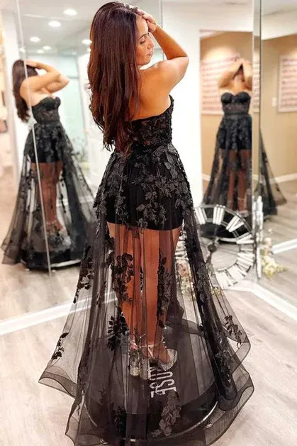 Black A-Line Lace and Tulle Long Prom Dress Homecoming Dress,DP1397