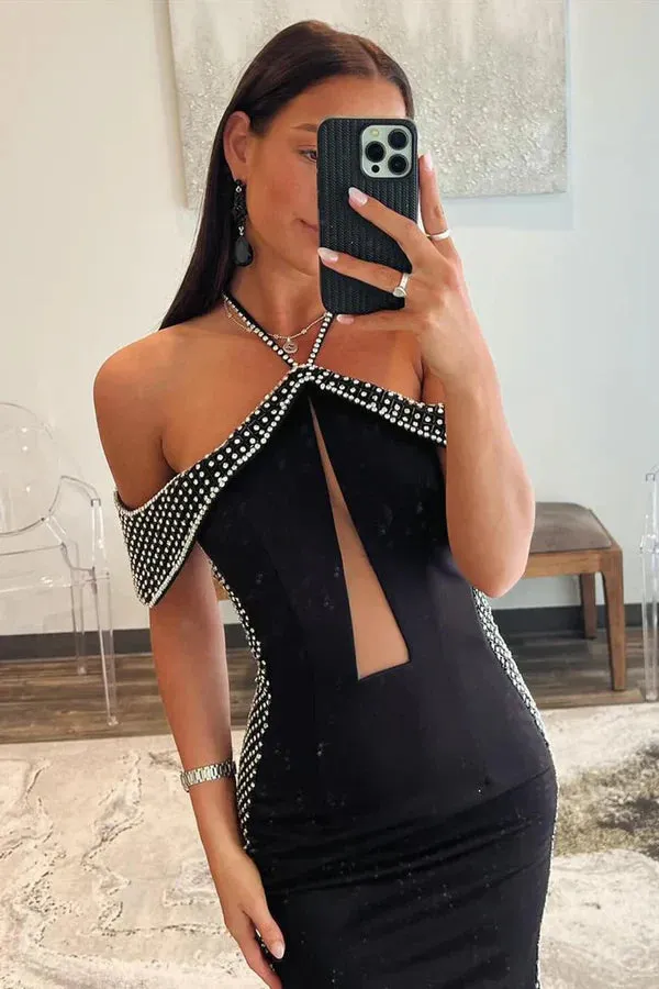 Black Halter Satin Mermaid Long Prom Dresses with Beading Sparkly Evening Dress