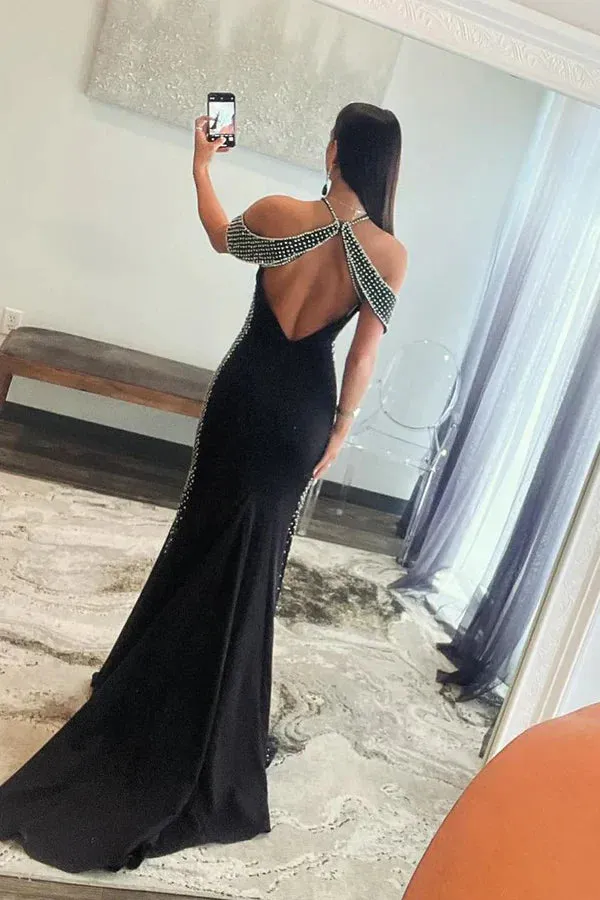 Black Halter Satin Mermaid Long Prom Dresses with Beading Sparkly Evening Dress