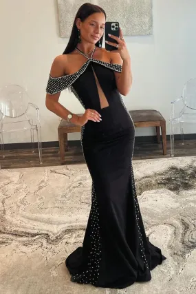 Black Halter Satin Mermaid Long Prom Dresses with Beading Sparkly Evening Dress