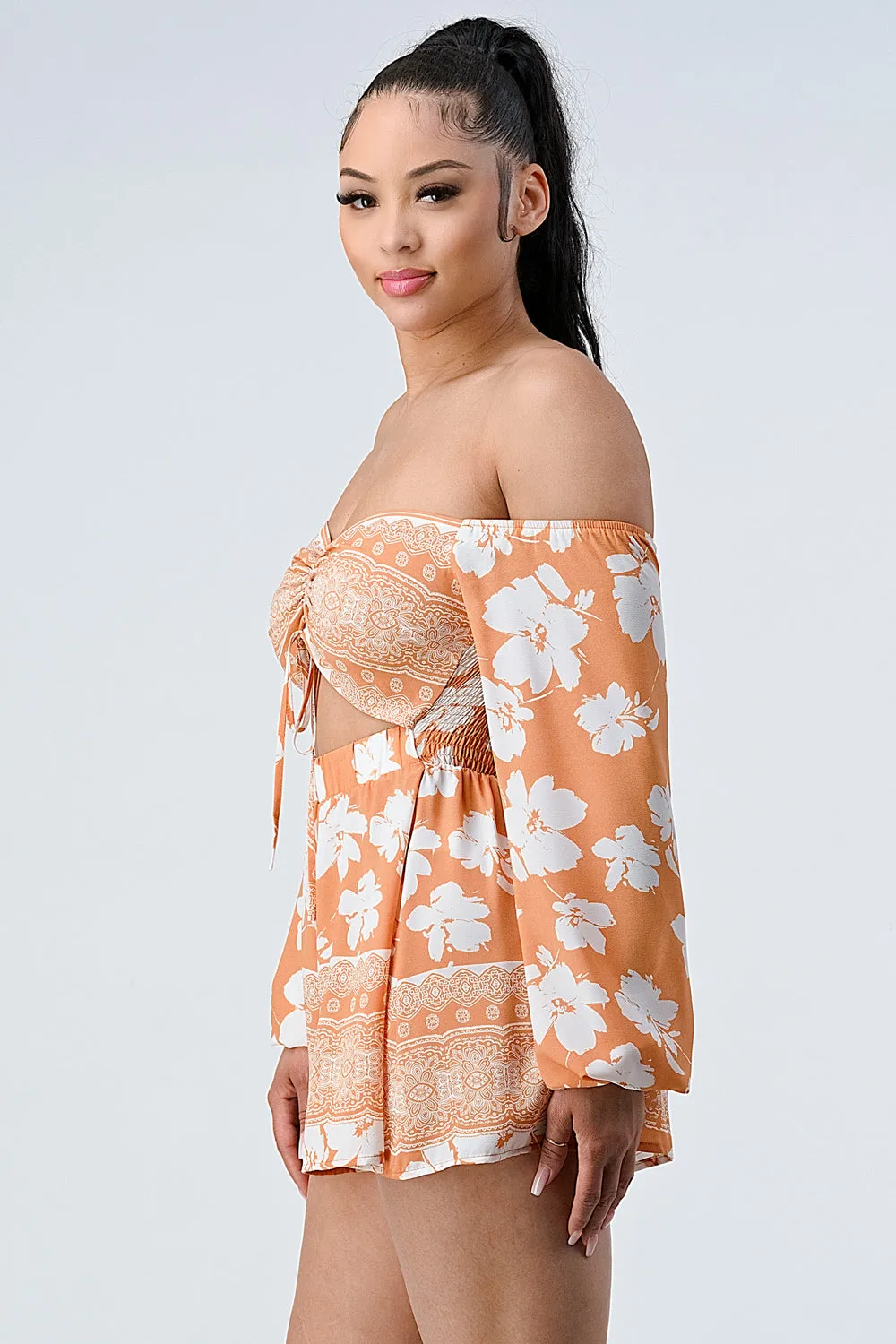 BOHEMIAN OFF SHOULDER SMOKED KNOT KEYHOLE ROMPERS