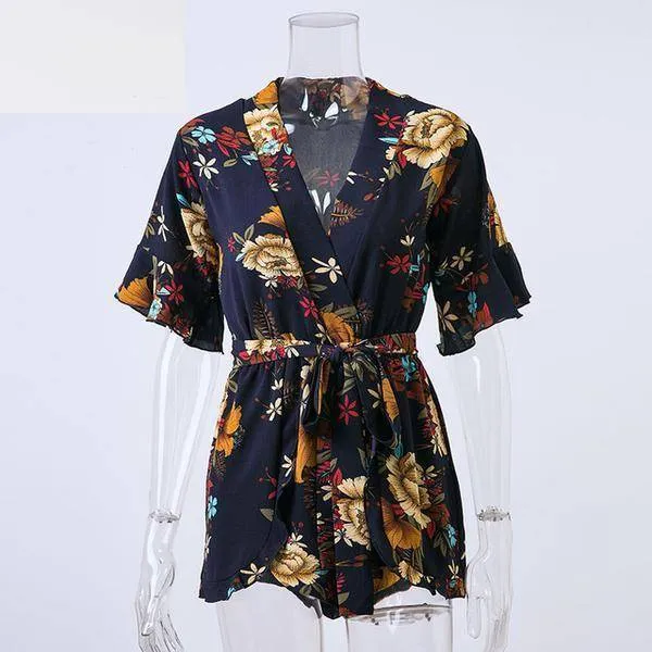Boho Floral Print Ruffles Playsuits V Neck Jumpsuits Rompers  (US 8-14)