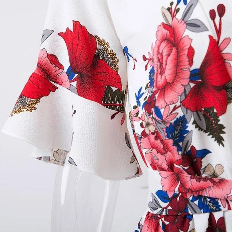 Boho Floral Print Ruffles Playsuits V Neck Jumpsuits Rompers  (US 8-14)