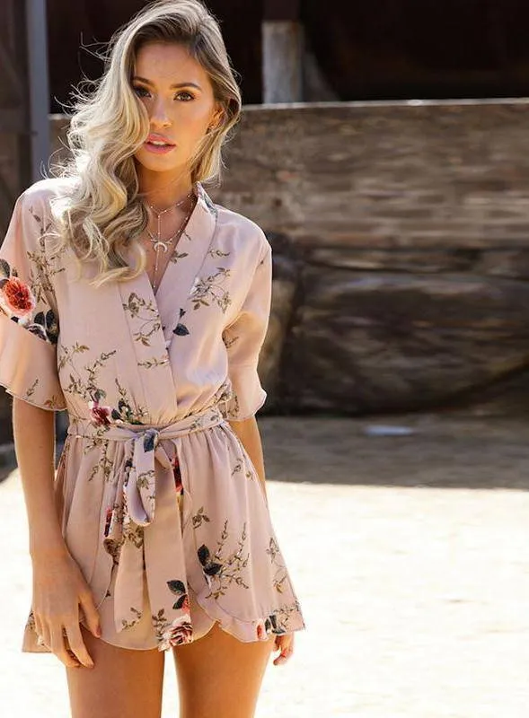 Boho Floral Print Ruffles Playsuits V Neck Jumpsuits Rompers  (US 8-14)
