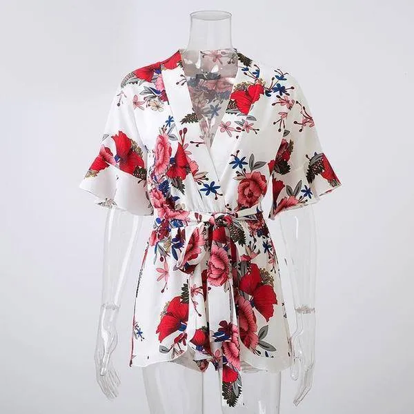 Boho Floral Print Ruffles Playsuits V Neck Jumpsuits Rompers  (US 8-14)
