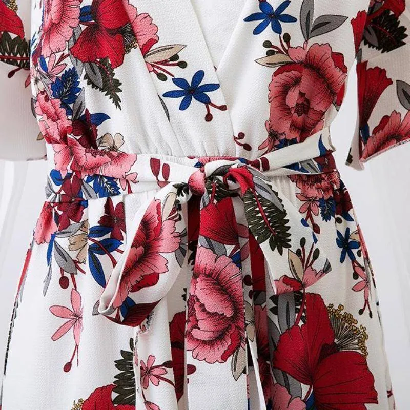 Boho Floral Print Ruffles Playsuits V Neck Jumpsuits Rompers  (US 8-14)