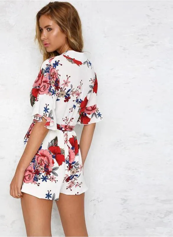 Boho Floral Print Ruffles Playsuits V Neck Jumpsuits Rompers  (US 8-14)