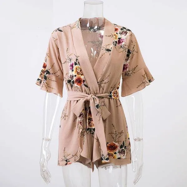 Boho Floral Print Ruffles Playsuits V Neck Jumpsuits Rompers  (US 8-14)
