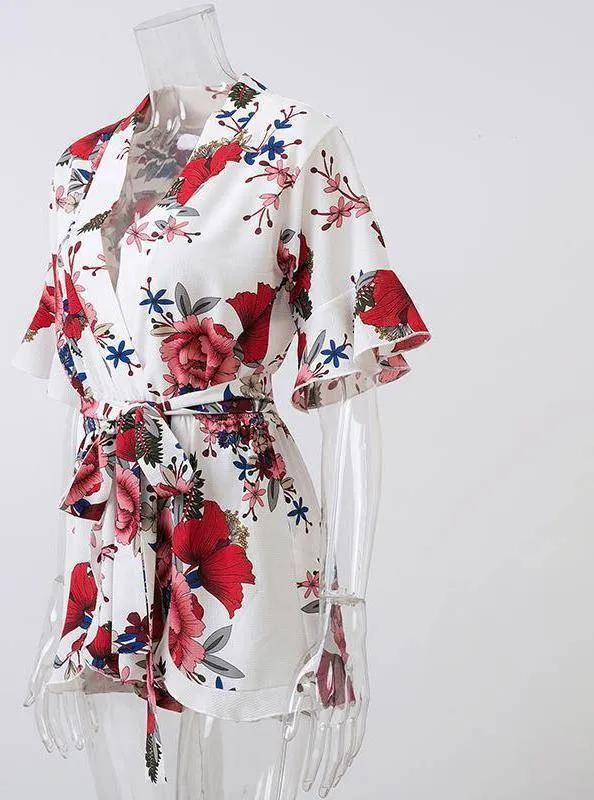 Boho Floral Print Ruffles Playsuits V Neck Jumpsuits Rompers  (US 8-14)