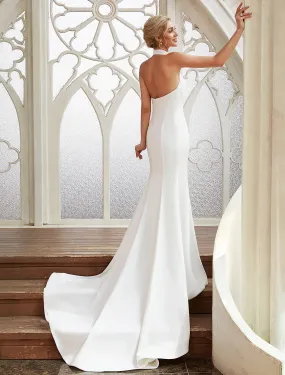 Bridal Shower Casual Open Back Wedding Dresses Court Train Sheath / Column Regular Straps Halter Satin With Pleats Bridal Gowns