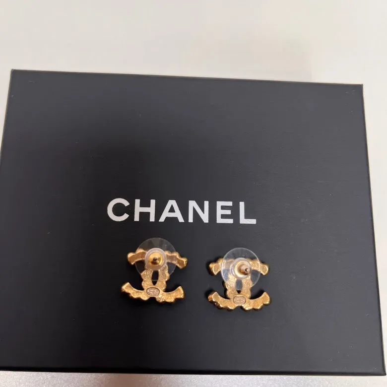 Chanel Gold Crystal Logo Stud Earrings