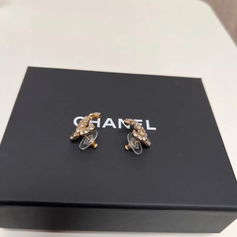 Chanel Gold Crystal Logo Stud Earrings