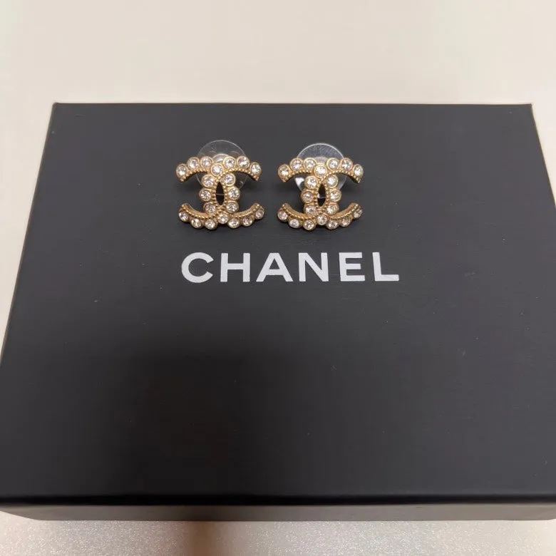 Chanel Gold Crystal Logo Stud Earrings