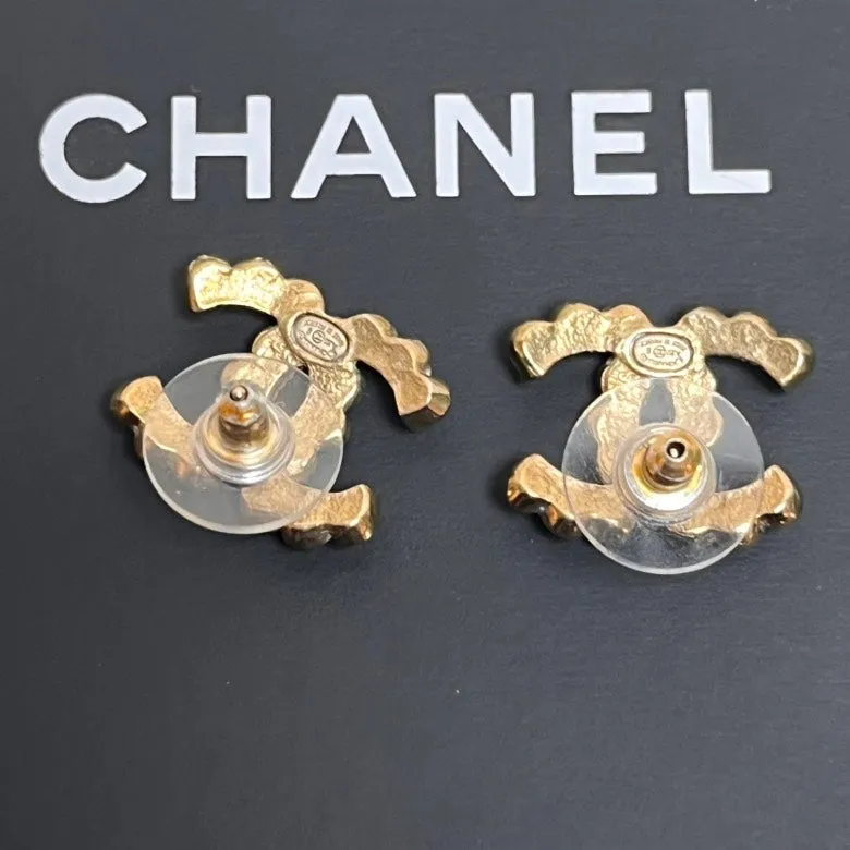 Chanel Gold Crystal Logo Stud Earrings