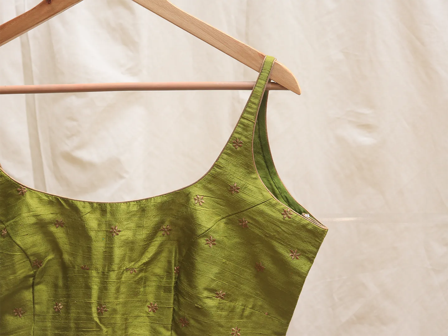 Chartreuse green, Raw silk, Hand embroidery blouse